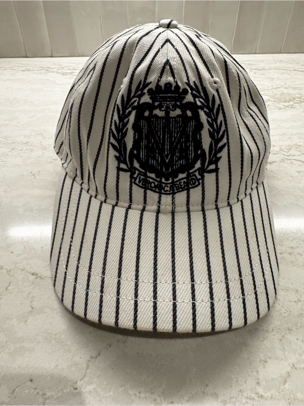 Veronica Beard Striped Baseball Hat with Logo Crest -navy & off white
